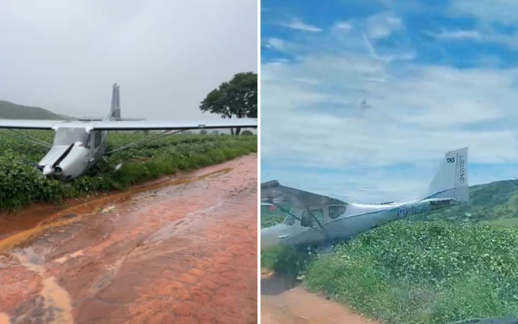Piloto fez pouso de emergência no meio da plantação devido à chuva e ventos fortes
