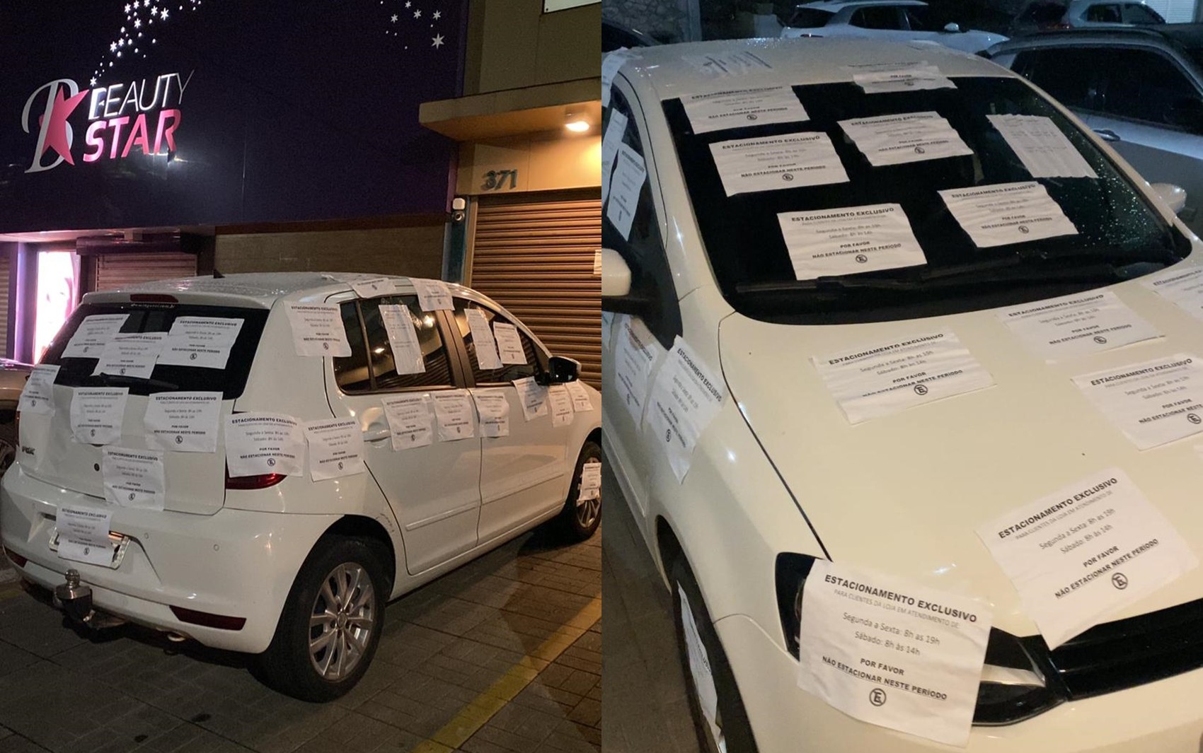 Motorista que teve carro coberto por papéis ao usar vaga exclusiva diz que tentou conversar com dona de loja, que não se desculpou