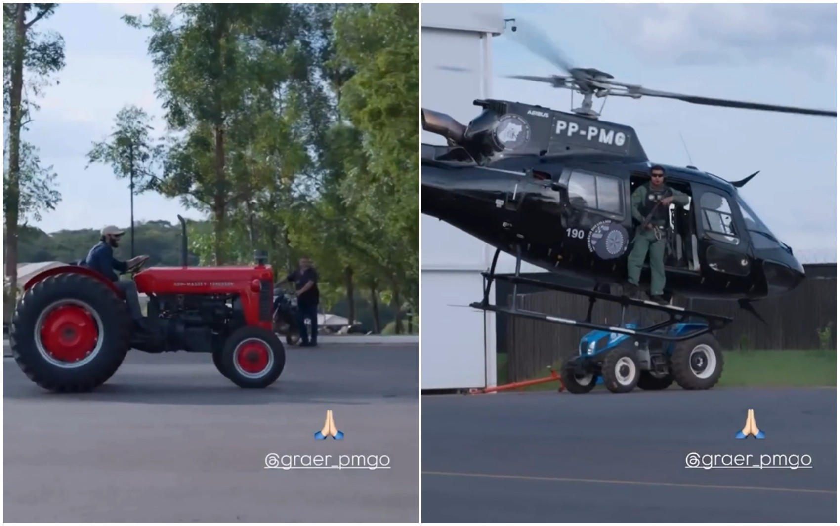 Gusttavo Lima foi de trator receber policiais que chegaram de helicóptero à fazenda do cantor em Goiás; vídeo