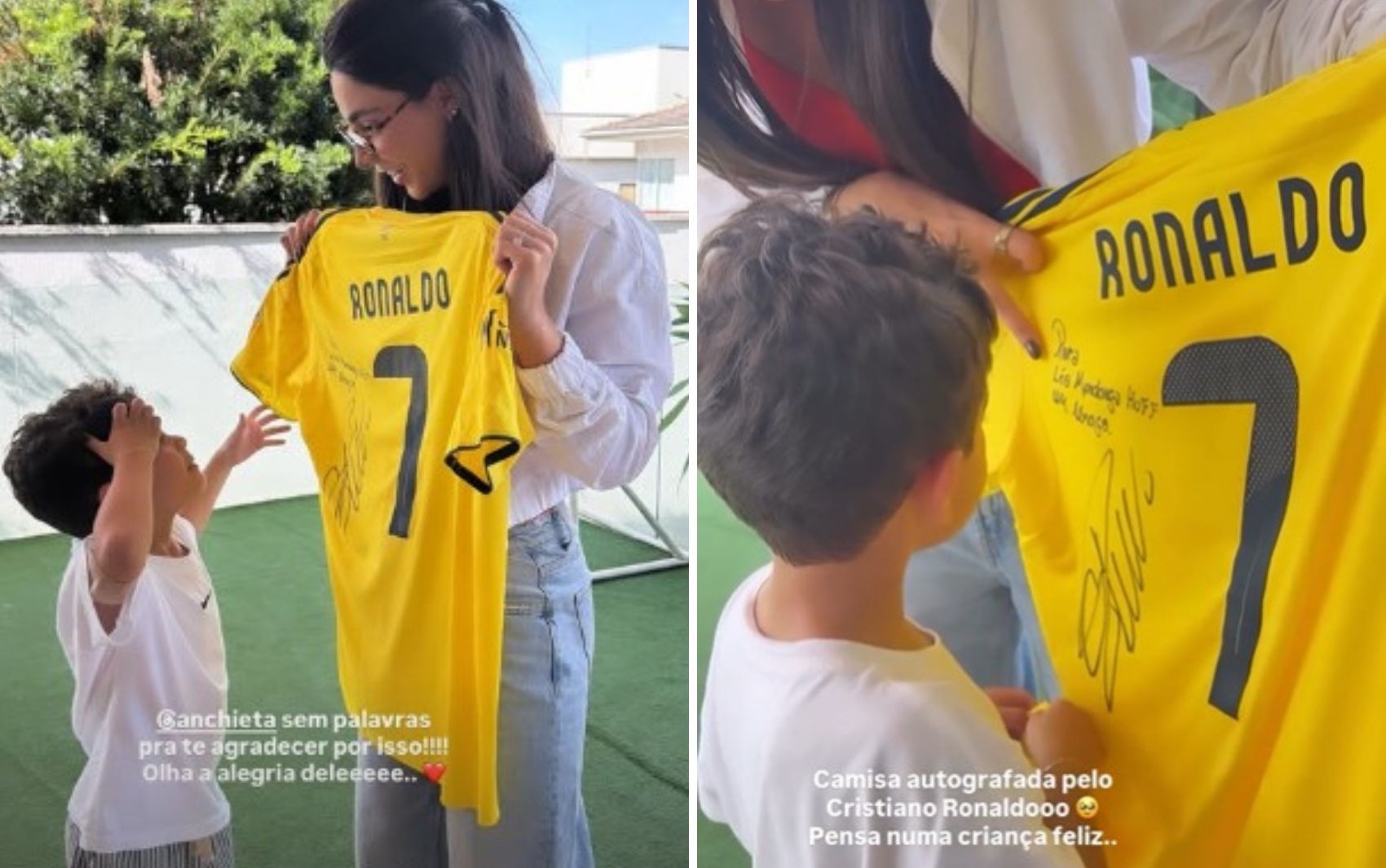Filho de Marília Mendonça e Murilo Huff ganha camisa autografada por Cristiano Ronaldo das mãos de Gabriela Versiani: ‘Pensa numa criança feliz’